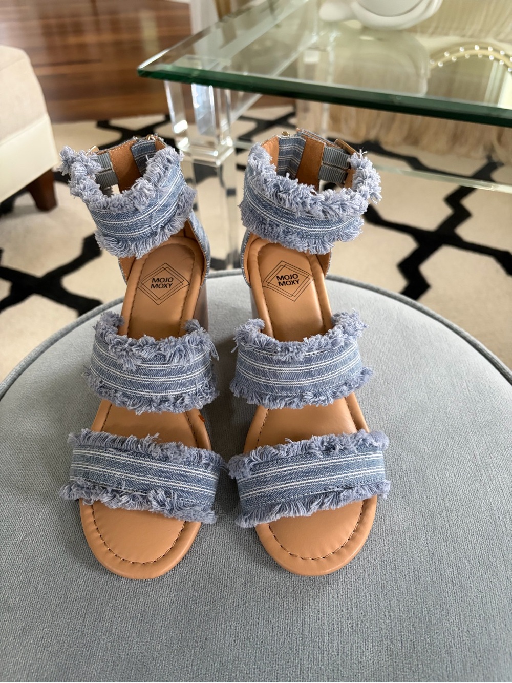 Mojo Moxy Light Blue Frayed Denim Triple-Strap Sandals